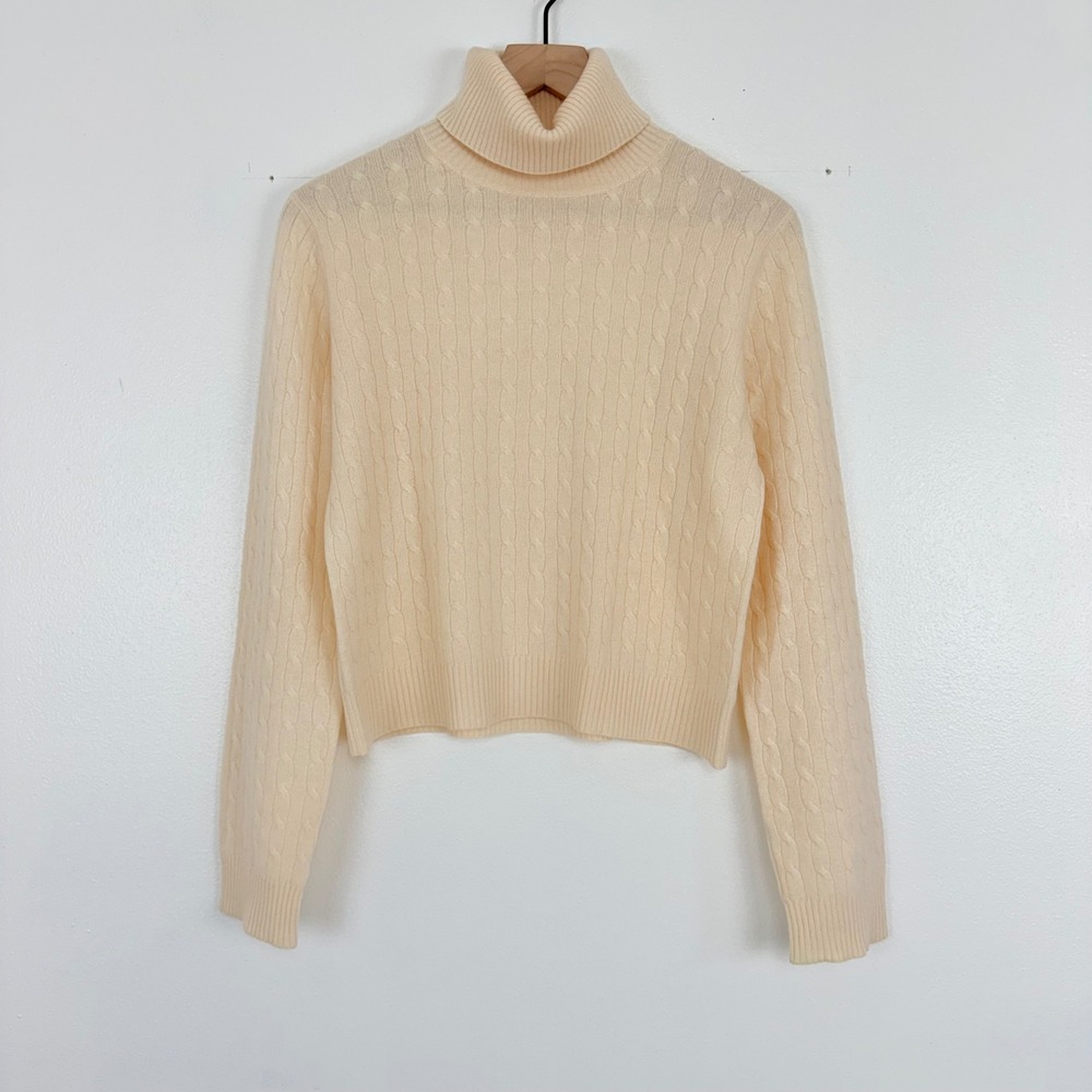 AQUA 100% Cashmere Turtleneck Sweater Womens L Cream Cable Knit Quiet Luxury
